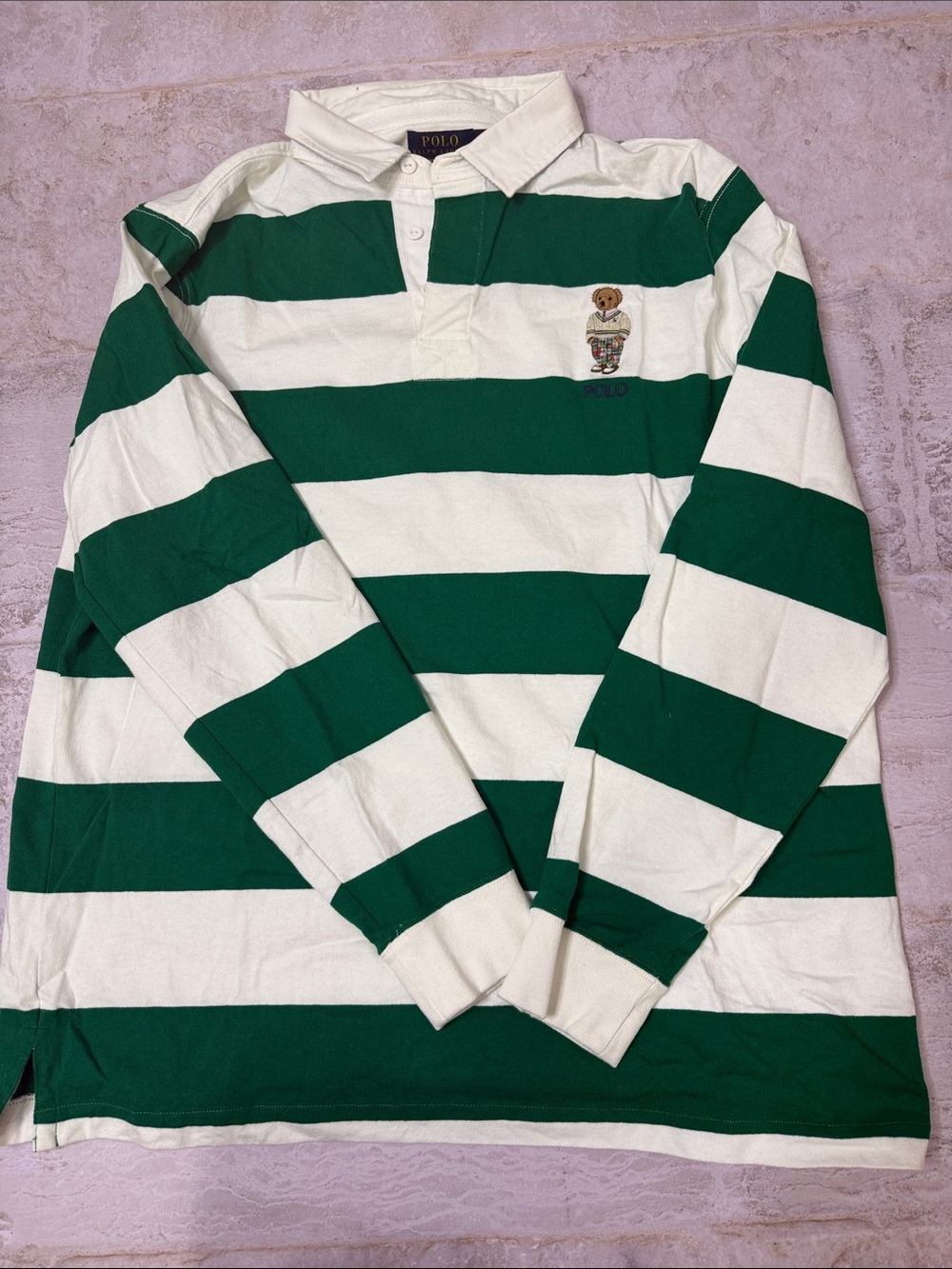 Polo Ralph Lauren Green/White Stripe Polo Bear Custom Slim Fit Rugby Polo Shirt - Picture 4 of 6